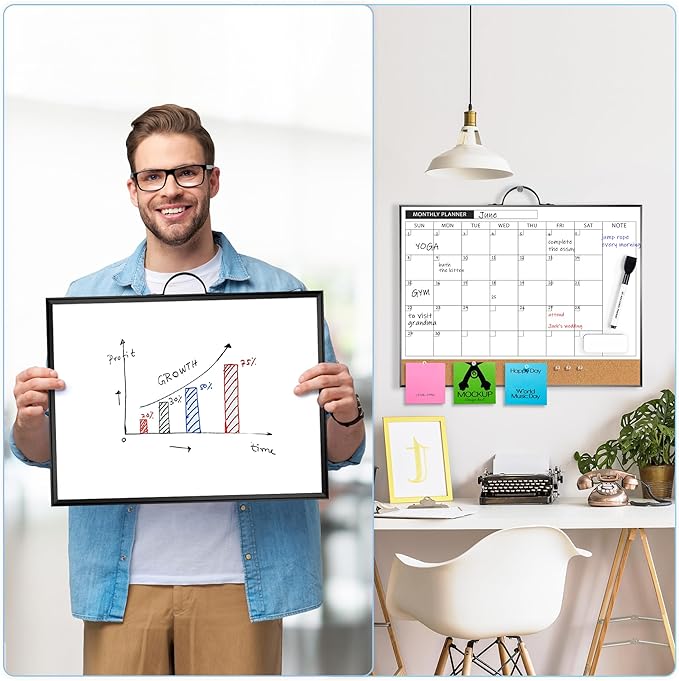 ARCOBIS Monthly Calendar Whiteboard Dry Erase Cork Board Combination for Wall, 12"x16" Magnetic Dry Erase Board, Double-Sided White Board, Portable Board for Planning, Office, School, Home, Black