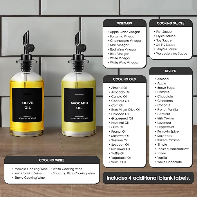 Olive Oil & Coffee Syrup Labels for Bottles - 2.5" x 2.5" Waterproof Kitchen PVC Sticker Labels for Oils, Coffee Syrups, Vinegars, Sauces, Cooking Wines, Condiments - Minimalist Black, 61pcs