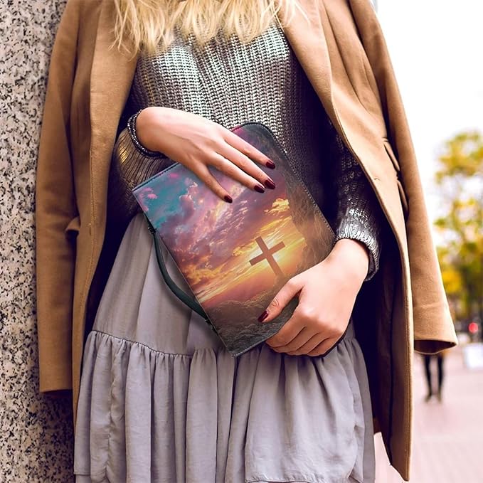 Lotusorchid Bible Book Cover for Women, Cross Print Bible Cover Case Sturdy Zippered Bible Carrying Case with Handle Pocket Portable Bible Bag for Bible Study, Pink, XL