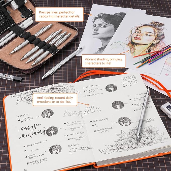 Nicpro 30PCS Silver Metal Mechanical Pencils Set in Leather Case, Art Drafting Pencil 0.5, 0.7, 0.9 mm, 2mm Lead Pencil Holder for Sketching Drawing With 16 Tube (6B 4B 2B HB 2H 4H Colors)Lead Refill