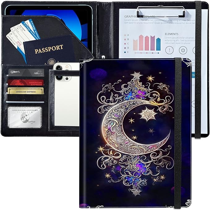 PU Leather Padfolio Folder Clipboard Portfolios Organizer Conference Document Organizer with Business Card Holder Storage Clipboard Writing Pad,Moon Star Galaxy Floral