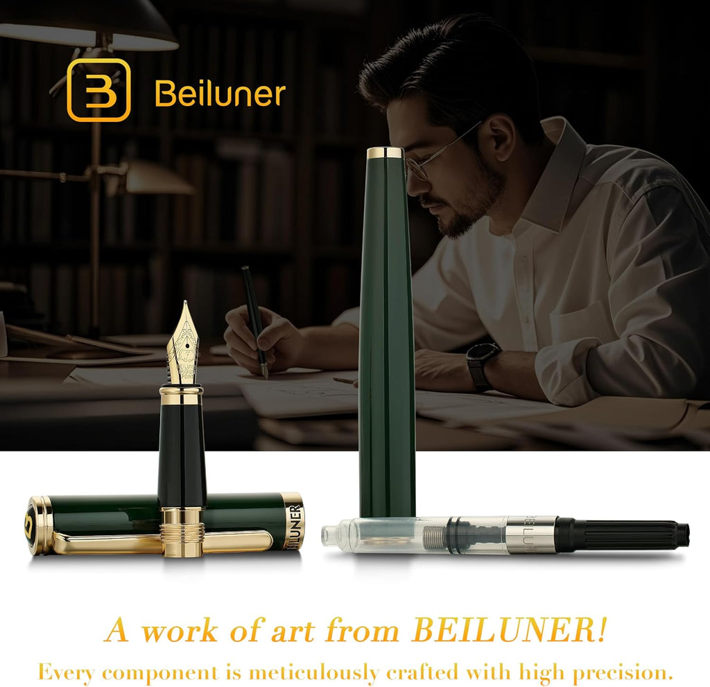 BEILUNER British Racing Green Fountain Pen,Stunning Luxury Pens with 24K Gold Accents, Gorgeous 24K Gilded Nib(Fine), Ink Converter,Fancy Pen Gift for Men&Women-Smooth, Office, Nice for Writing