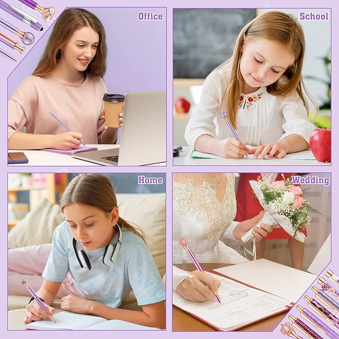 BESARME 12 Pcs Purple Pens Set, Purple Gifts for Women Mother's Day Gifts Crystal Diamond Ballpoint Pens Retractable Glitter Fancy Pens for Journaling Offices Schools