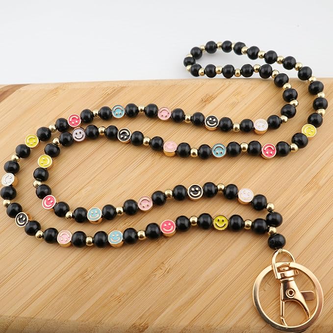 Smile Teacher Lanyard for Women ID Badges and Keychain Cute Happy Wood and Metal Beaded Lanyard Badge Holder