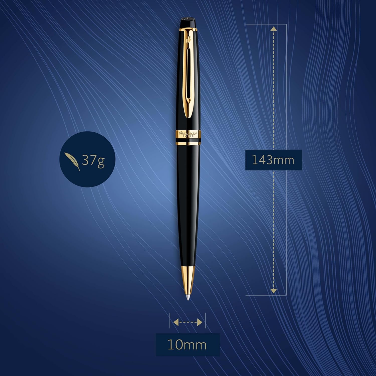 Waterman Expert Ballpoint Pen, Black with Golden Trim, Medium Tip, Blue Ink, Gift Box