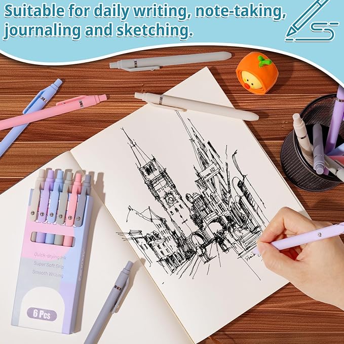 Gel Pens, 6 Pcs Smooth Writing Pens No Bleed & Smear, Black Ink Cute Pens Fine Point (0.5mm), Retractable Aesthetic Pens School Office Supplies for Women & Men