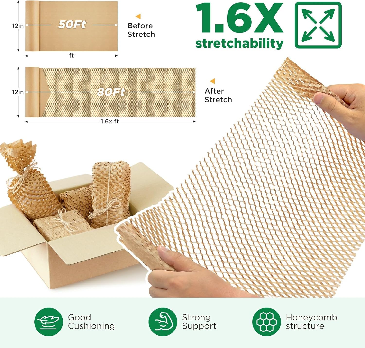 Honeycomb Packing Paper, 12"x50' Brown | Perforated Honeycomb Packing Paper Recyclable Moving Supplies for Shipping & Moving | Plastic-Free Alternative to Bubble Cushion Wrap with 36 Fragile Stickers