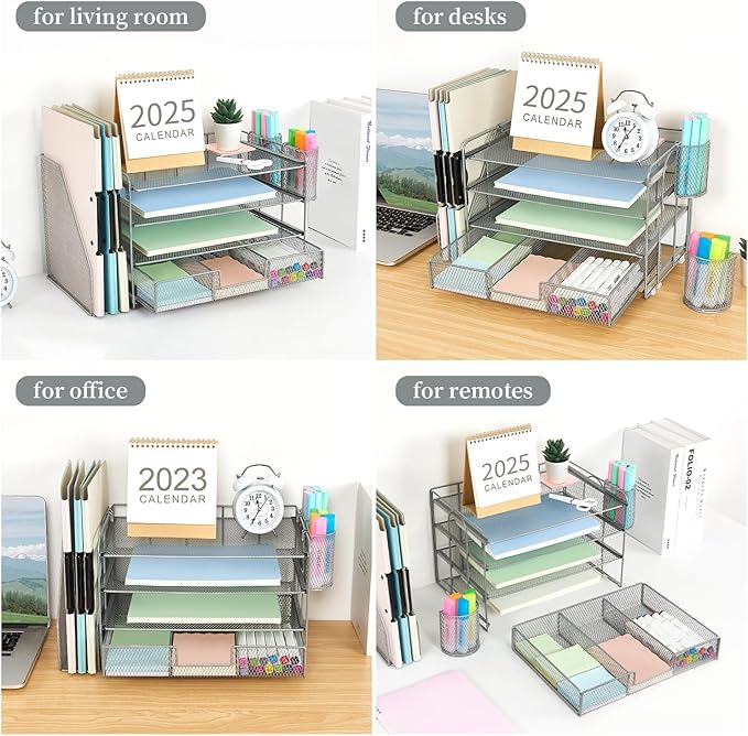 gianotter Paper Organizer with File Holder for Desk, 4 Tier Letter Tray Office Desk Organizers and Accessories - Workspace Drawer 2 Pen Supplies (Grey), Gray, 4T-2