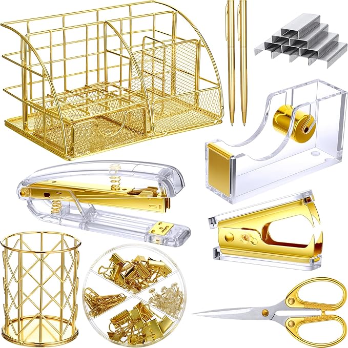 Desk Accessories Office Supplies Set, Christian Charity Donation Supplies Acrylic Stapler Set Staple Remover Tape Dispenser Desk Organizer Pen Holder Binder Paper Clips Ballpoint Scissor(Gold)