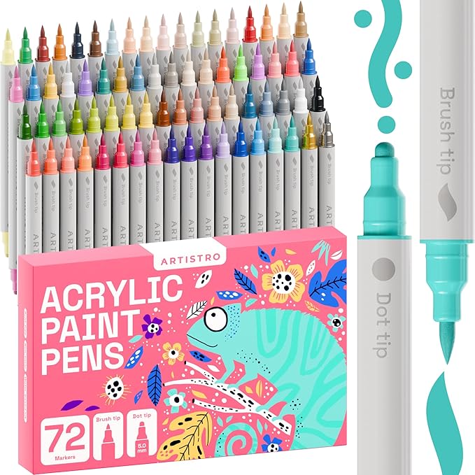 ARTISTRO 72 Acrylic Paint Markers for Fabric, Rocks, Paper, Wood, Canvas, Glass, DIY - Safe for Kids Dual Tip Acrylic Paint Pens (Dual Tip Dot + Brush, 72)