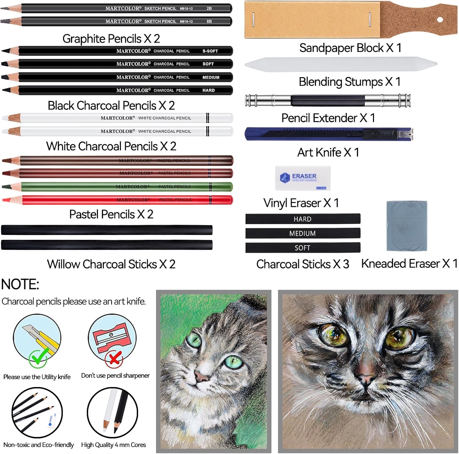 Charcoal Drawing Set, Set of 23, Graphite Pencils, Black & White Charcoal Pencils for Drawing, Sketching, Shading, Blending, Artist Pencils for Beginners & Pro Artists ﻿