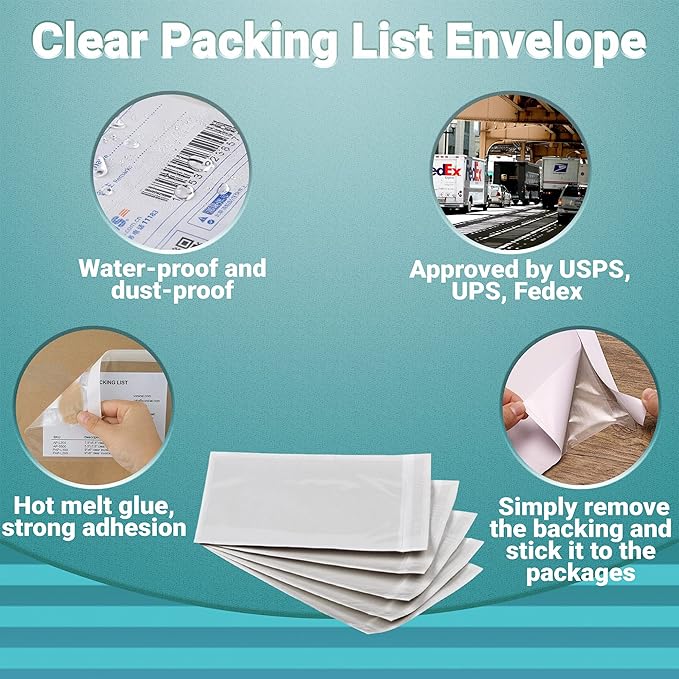 APQ Clear Top Loading Packing List Envelopes, 9.5 x 12 Inches. 500 Pack Packing Slip Envelope Pouches. Self-Seal Plastic Shipping Label Pouches. Durable Packing List Mailing Envelopes for Documents