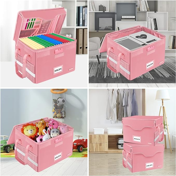 DocSafe File Box Fireproof Document Box with Lock,File Storage Organizer Box with Insert Pockets,Collapsible Portable File Box Home Office File Cabinet Safe for Hanging Letter/Legal Folder,Pink,2 Pack