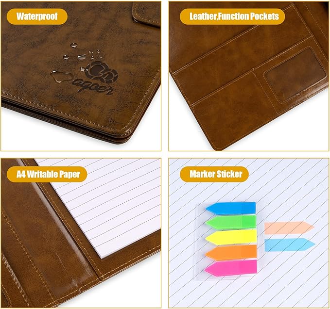 A4 Leather Portfolio Professional Organizer Padfolio,Stylish Document Folio Organizer with Magnetic,Resume Portfolios with Papers,Sticky Tabs,Pen for Interview Conference Presentation,Retro Brown