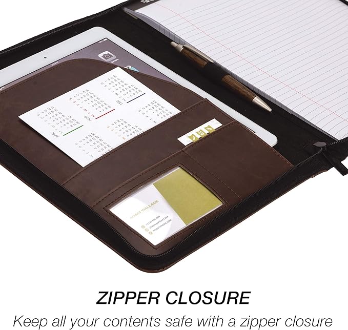 Samsill Vintage Portfolio/Zipper Faux Leather Portfolio, Book Style Hardback Design, Business & Interview Padfolio Organizer, 8.5 x 11 Writing Pad, Dark Brown