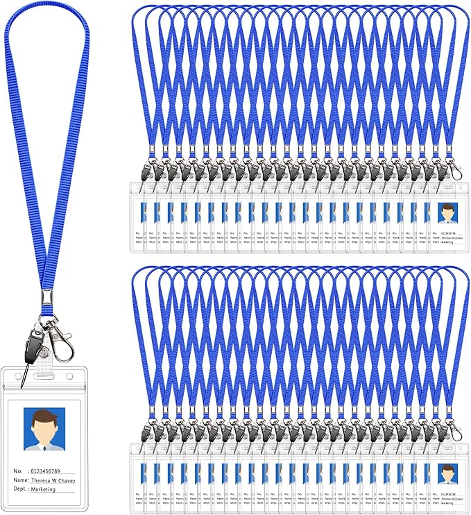 60 Pack Neck Lanyard with ID Badge Holder, Office Strap Bulk Lanyards, Stainless Metal Swivel Hook for Name Tag, Badge Holders, Keychains, Card, Blue