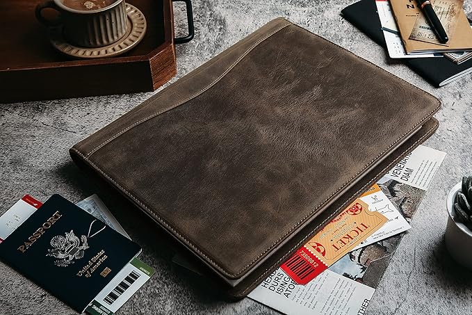 Personalized Leather Portfolio for Men, Engraved Leather Clipboard Portfolio Binder, Custom Leather Resume Padfolio for Women, Christmas Gift for His/Her (Notepad, Grey-Custom)