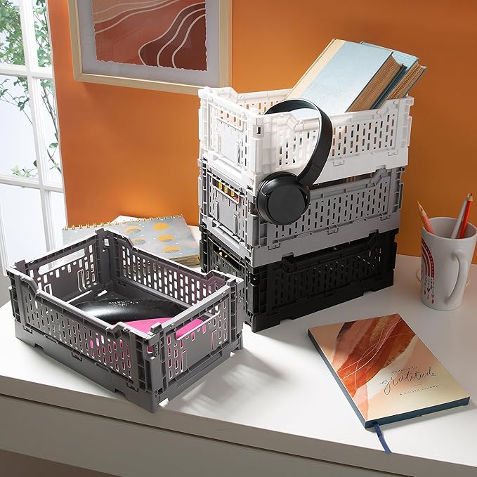Simplify 4LT Collapsible Storage Crate | Small | Foldable | Stackable | Plastic Bin | Home Organization | Dorm | Office | Crafts | Shelf | Grey
