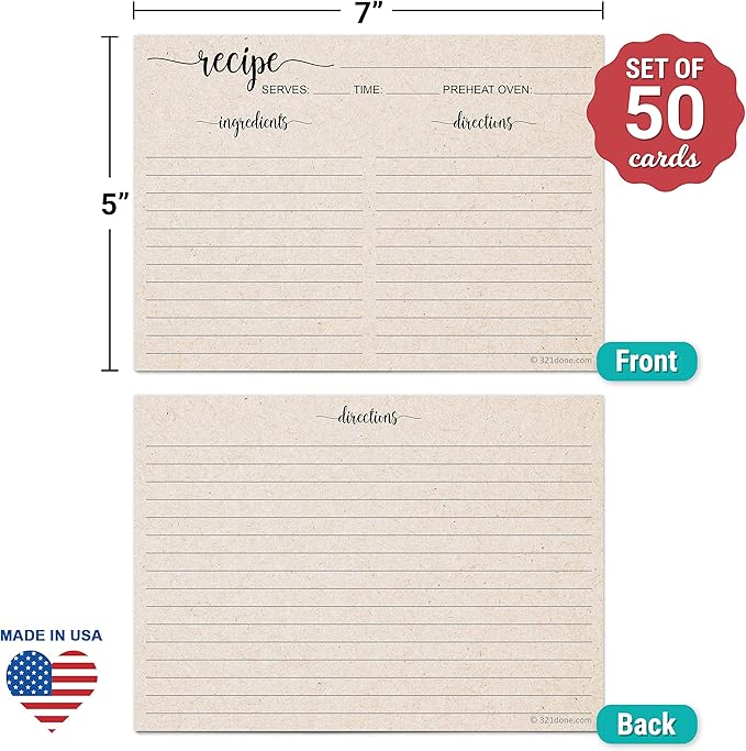321Done 5" x 7" Recipe Cards (Set of 50) - Extra Large Double-Sided Premium Card Stock - Made in USA - Script Font Minimalist, Large Kraft Tan