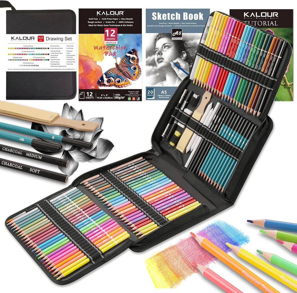 KALOUR 106 Coloring Sketching Kit Set - Art Supplies with Sketchbook & Watercolor Paper - Include Drawing Tutorial, Watercolor,Colored,Metallic,Fluorescent,Sketch Pencils - for Artists beginner