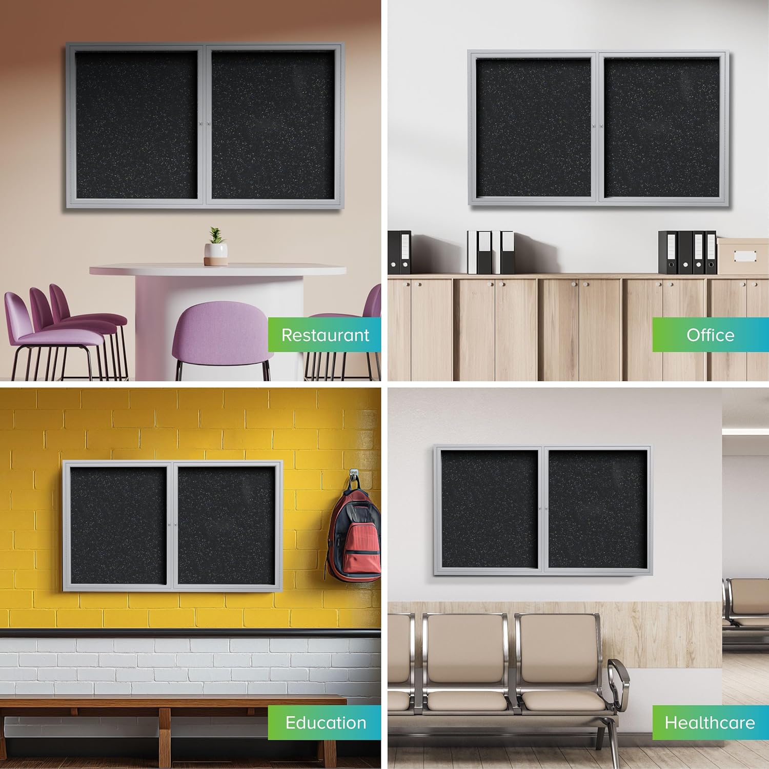 Ghent 36" x 48" 2-Door indoor Enclosed Recycled Rubber Bulletin Board, Shatter Resistant, with Lock, Satin Aluminum Frame, Confetti (PA234TR-CF) ,Made in the USA