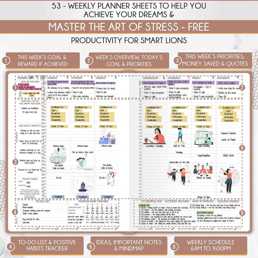 Hourly Planner - Undated Daily, Weekly & Monthly Planner with Budget Section | A 12 Month Journey to Increase Productivity & Happiness | Life Organizer & Gratitude Journal - Vertical Format