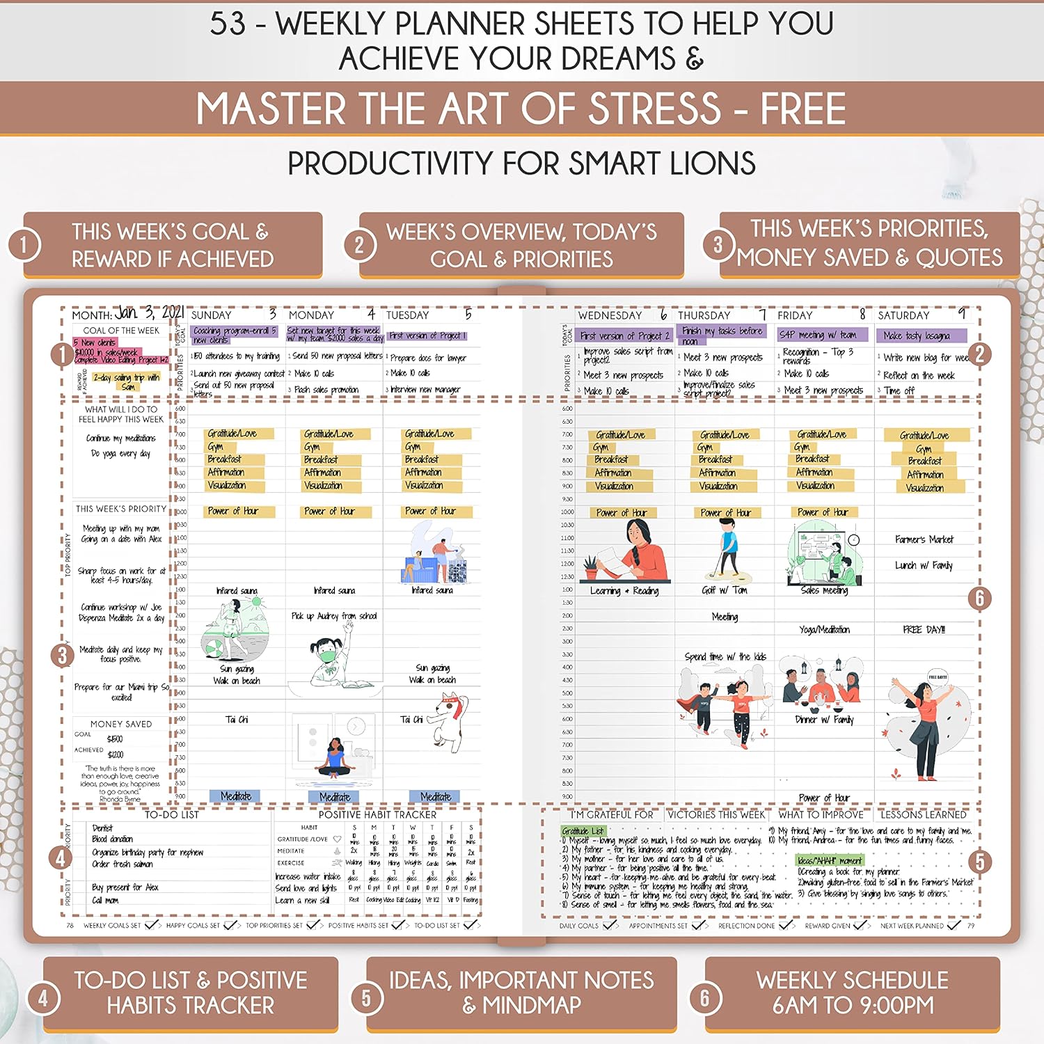 Hourly Planner - Undated Daily, Weekly & Monthly Planner with Budget Section | A 12 Month Journey to Increase Productivity & Happiness | Life Organizer & Gratitude Journal - Vertical Format