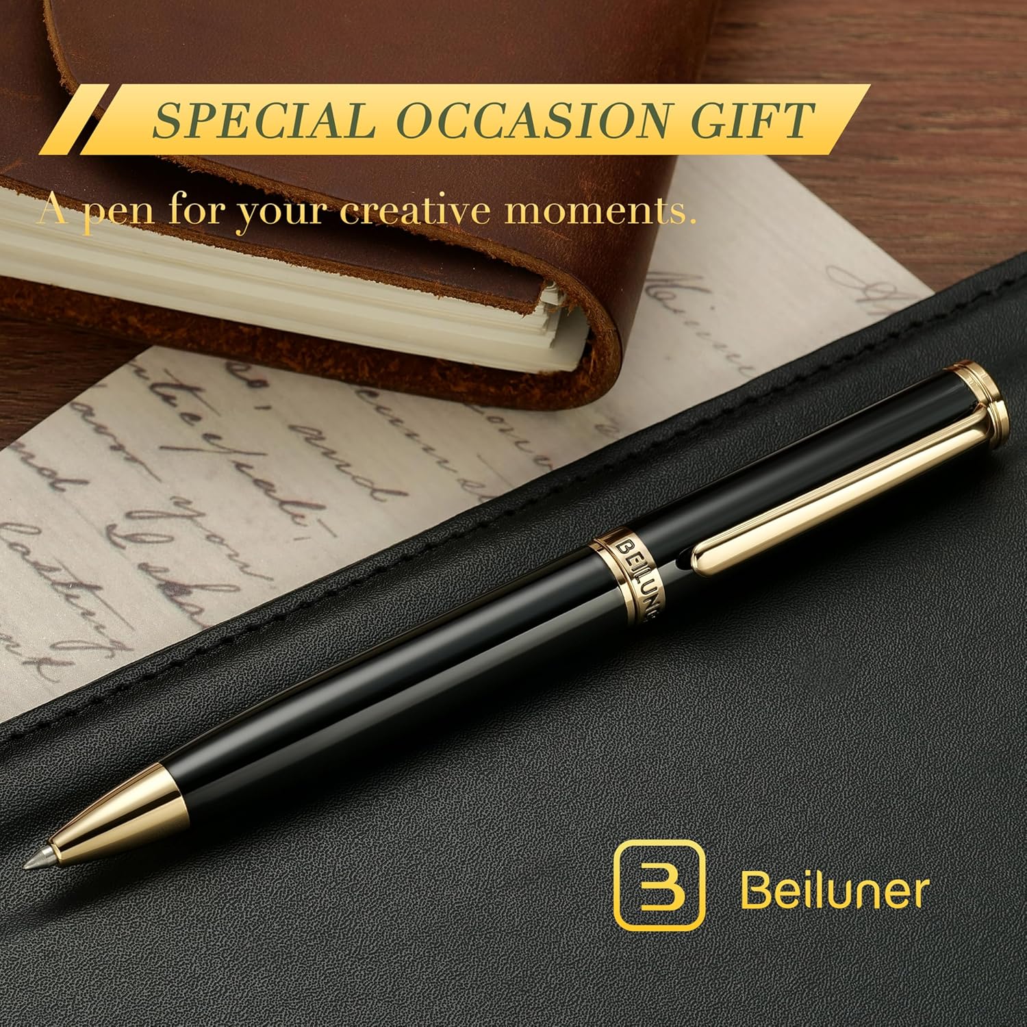 BEILUNER Luxury Gel Pen with 24K Gold Finish, Black Piano Lacquer, Luxury Grade Craftsmanship, Best Pen Gift Set for Men and Women, Professional, Executive, Office, Retractable Nice Pens