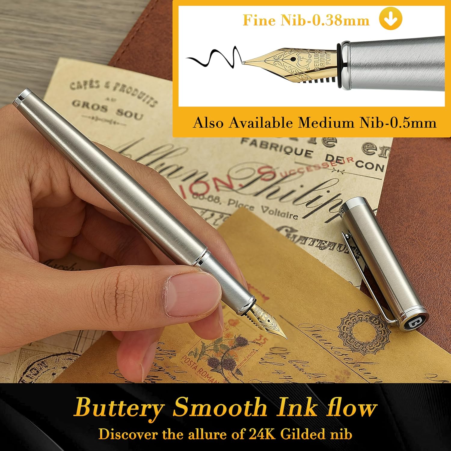 BEILUNER Luxury Fountain Pen Set, Solid 24K Gilded Fine Nib, Silver Stainless Steel Body- Includes 6 Ink Cartridges & Ink Refill Converter with Gift Case - Perfect for Men and Women