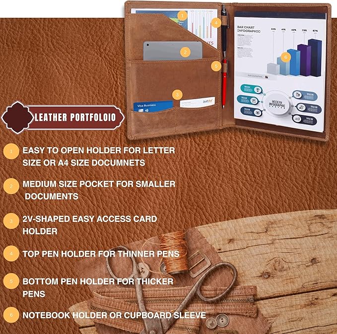 Succor Genuine Leather Business Portfolio Organizer-Professional Padfolio-Leather Binder-Document Holder-Resume Folder-A4 PAD Folio for Men and Women-13”x10”-Hunter Brown