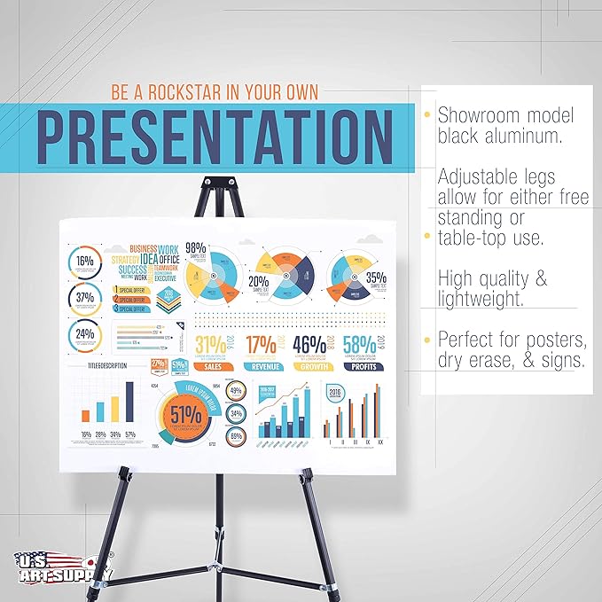 U.S. Art Supply 66" High Showroom Black Aluminum Display Easel and Presentation Stand (Pack of 4) - Large Adjustable Height Portable Floor and Tabletop Tripod, Holds 25 lbs, Paintings, Signs, Posters