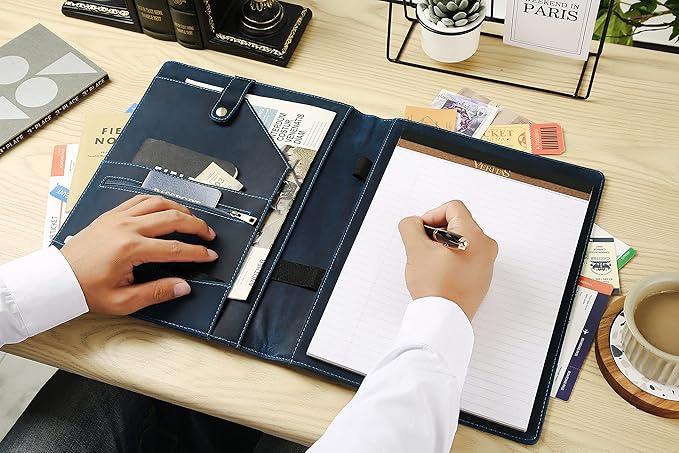 Personalized Leather Portfolio for Men, Engraved Leather Clipboard Portfolio Binder, Custom Leather Resume Padfolio for Women, Christmas Gift for His/Her (Notepad, Blue-Custom)