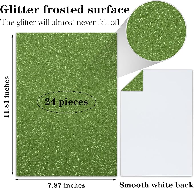 24 Sheets Green Glitter Cardstock Paper, A4 Premium Sparkly Paper for Scrapbook, DIY Projects, Party Decoration, Gift Box Wrapping 250GSM/92lb