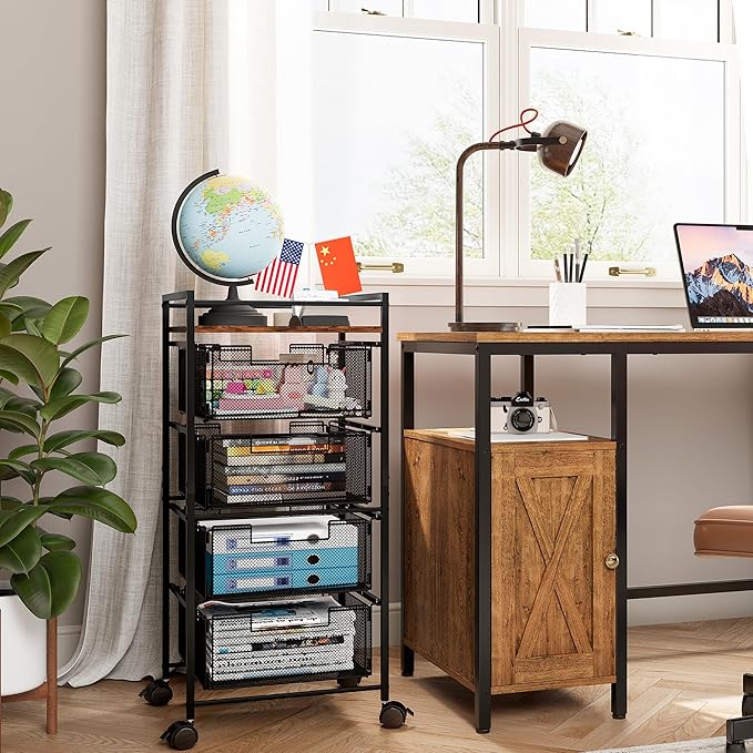 EasyPAG Rolling File Cabinet 4 Drawers Metal File Organizer Storage Cart Mobile File Cart with Removable Drawers with 4 Swivel Casters Rolling Wheels Cart, Black