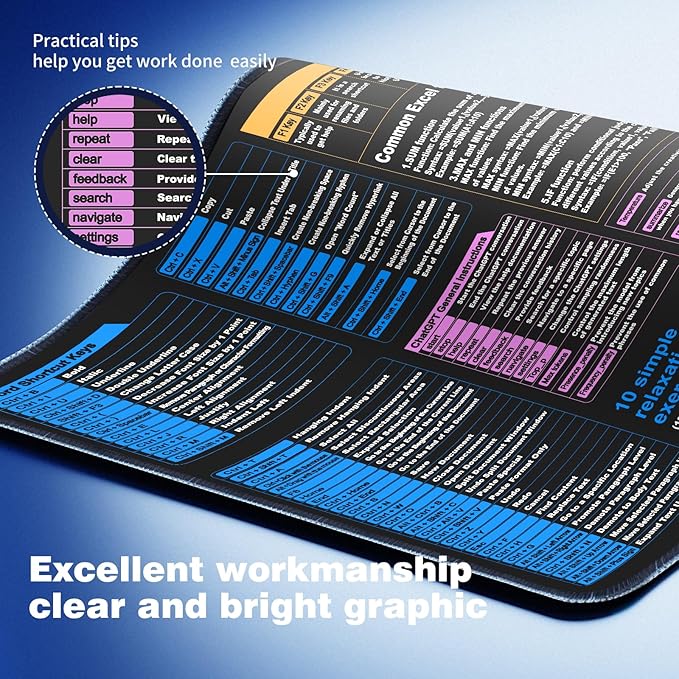 Waterproof Desk pad—Excel Cheat Sheet Desk pad—Contains Various commonly Used Office Software Such as Excel, Word, etc—Large XL Mouse pad Gaming|Office Keyboard pad|Computer mat with excel Shortcuts