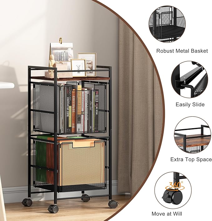 EasyPAG Rolling File Cart Metal File Organizer Storage Cart 2 File Drawers Mobile File Cart with Removable Drawers with 4 Swivel Casters Rolling Wheels Cart, Black