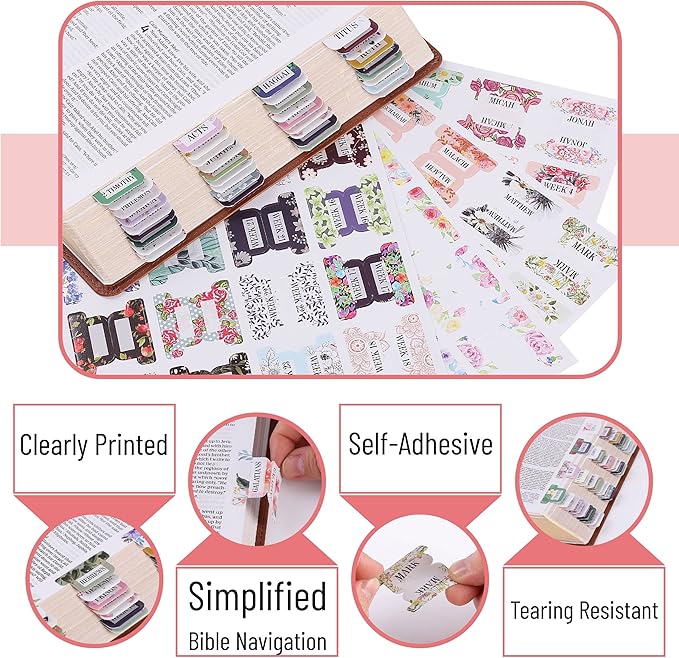 Mr. Pen- Bible Tabs, 120 pcs, Floral Design, Laminated Bible Tabs for Study Bible, Bible Tabs Old and New Testament Bible Book Tabs, Bible Tabs for Women, Tabs for Bible, Bible Index Tabs