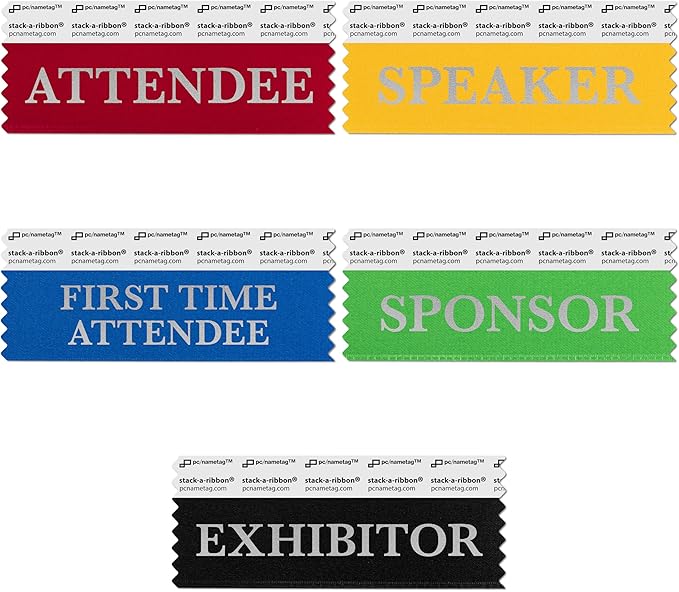 Conference Badge Ribbons with Adhesive, 4 x 1-5/8”, 100pk (50 Attendee, 20 First Time, 10 Sponsor, 10 Exhibitor, 10 Speaker), Satin