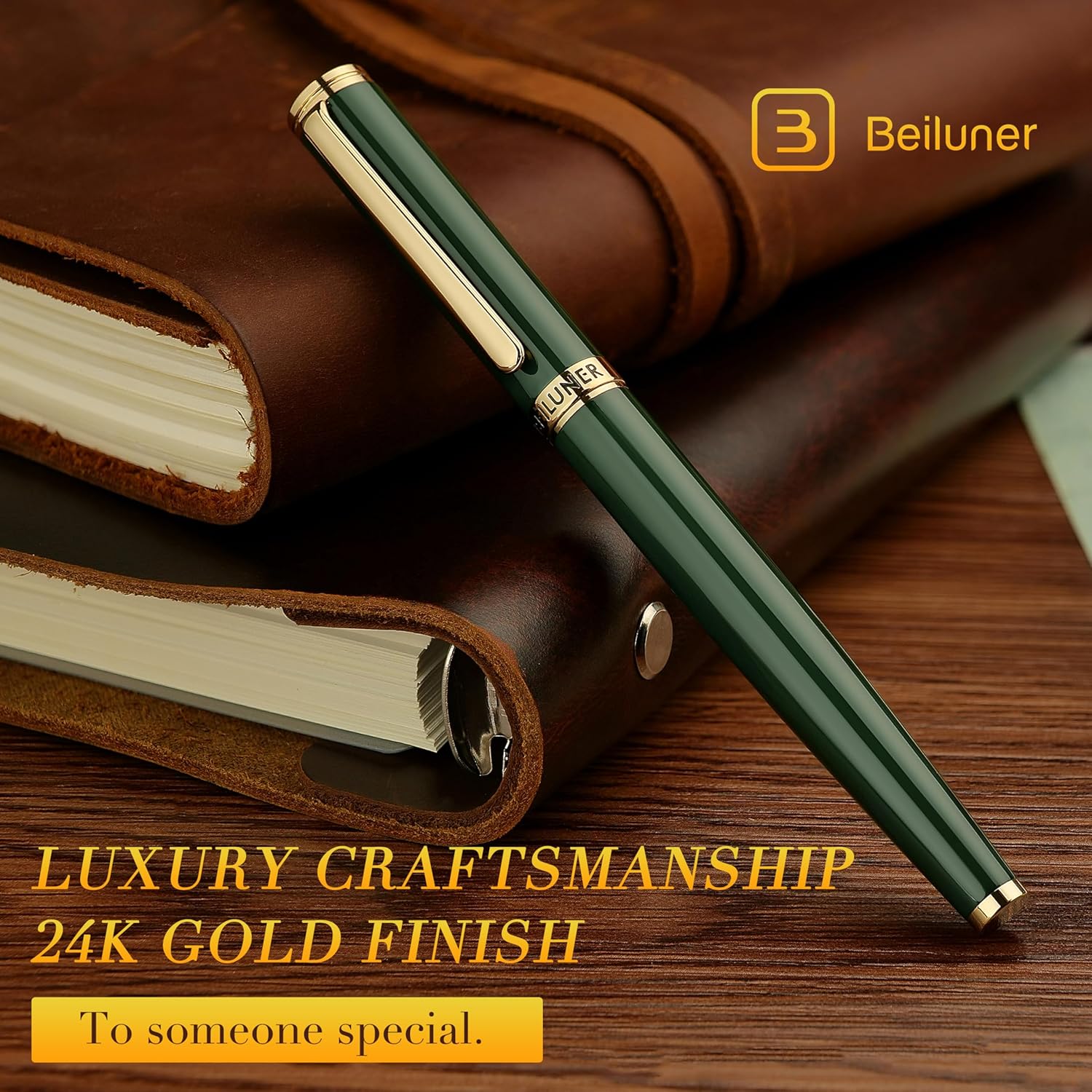 BEILUNER British Racing Green Fountain Pen,Stunning Luxury Pens with 24K Gold Accents, Gorgeous 24K Gilded Nib(Medium), Ink Converter, Pen Gift for Men&Women-Elegant, Reliable,Fancy for Writing