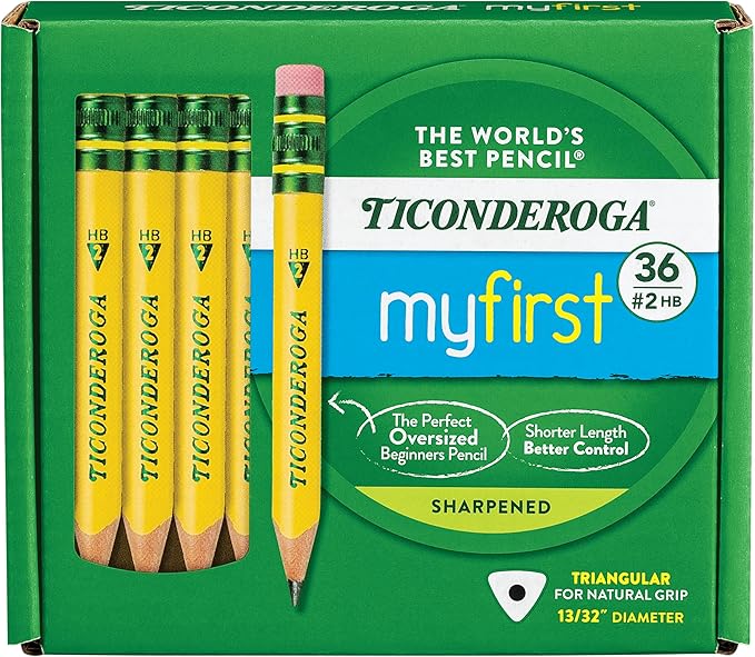 Ticonderoga My First Short Triangular Wood-Cased Pencils, 36 Count Golf Pencils, Pre-Sharpened, With Erasers, 72 Count