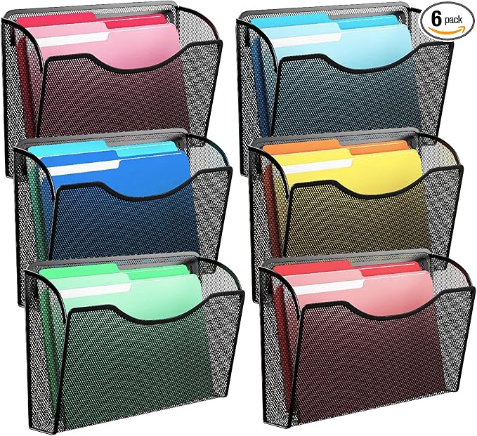 Mesh Hanging Wall File Holders, Vertical Mounted File Holder，Wall Basket Mail Organizer for Office, Home and School (Black 6Pack)