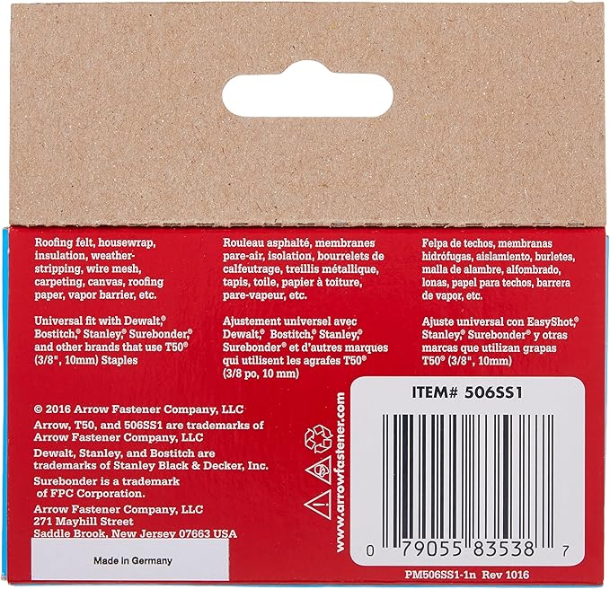 Arrow Fastener 506SS1 Heavy Duty T50 Stainless Steel Staples for Upholstery, Construction, Furniture, Crafts, 3/8-Inch Leg 3/8-Inch Crown Size,Length, 1000 Count (Pack of 1)