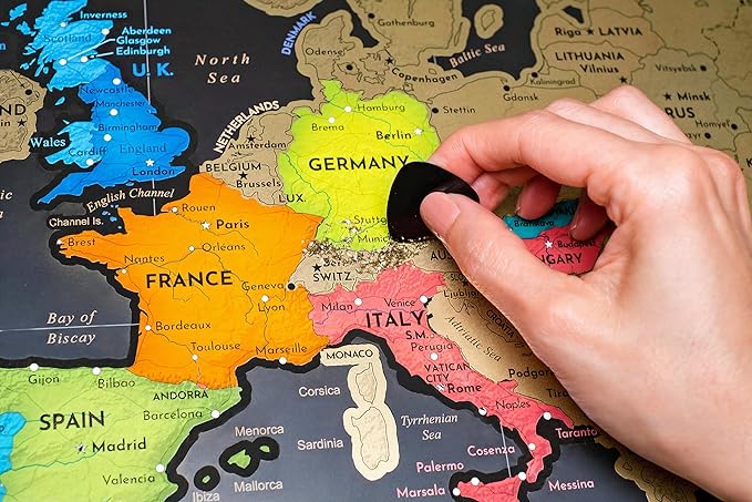 Two Scratch-Off Maps: World Map 17x24" + USA Map - Deluxe Travel Posters - Colorful Countries, US States, and Flags - Easy Scratch-Off Maps with Accessories for Travel Lovers - Name Tag Gift Box