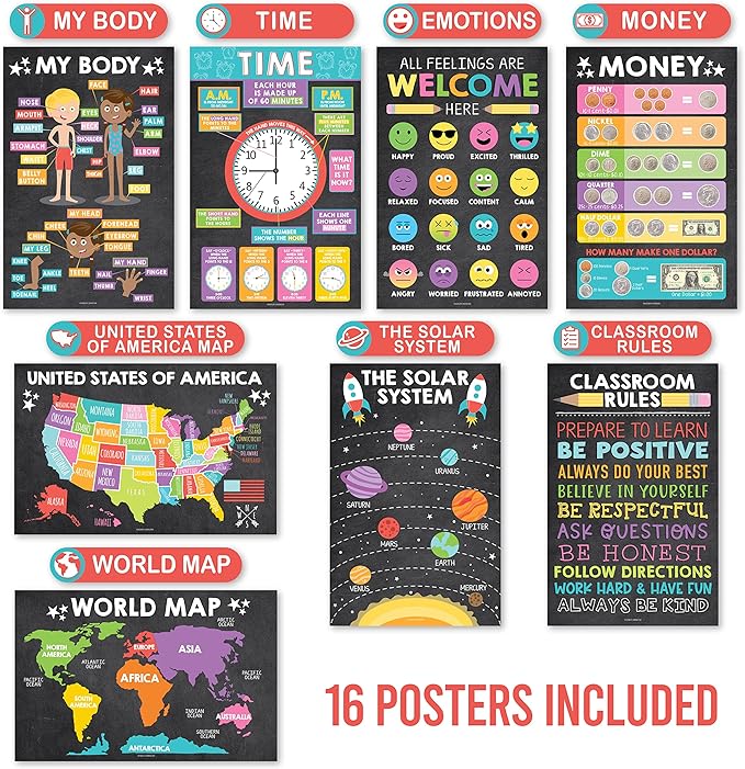 Hadley Designs 16 Educational Posters for Classroom & Kindergarten, Kindergarten Classroom Must Haves, Laminated PreK Learning Chart Materials US & World Map, ABC Alphabet, Shapes, Days of the Week