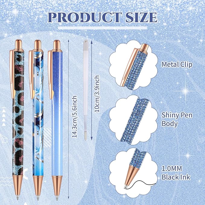 Sherr 7 Pcs Fancy Pens for Women Cute Sparkly Glitter Pens with 10 Pcs Black Ink Refills Pretty Gifts for Girls Office School Christmas Graduation(Dark Blue,Adorable)
