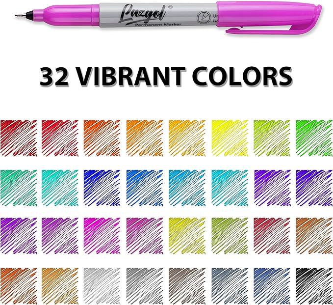 Ultra Fine Permanent Marker Bulk, 32 Assorted Colors Ultra Fine Point Permanent Marker set, Felt Tip Pens Works on Plastic, Wood, Stone, Metal and Glass for Valentines Day Gifts