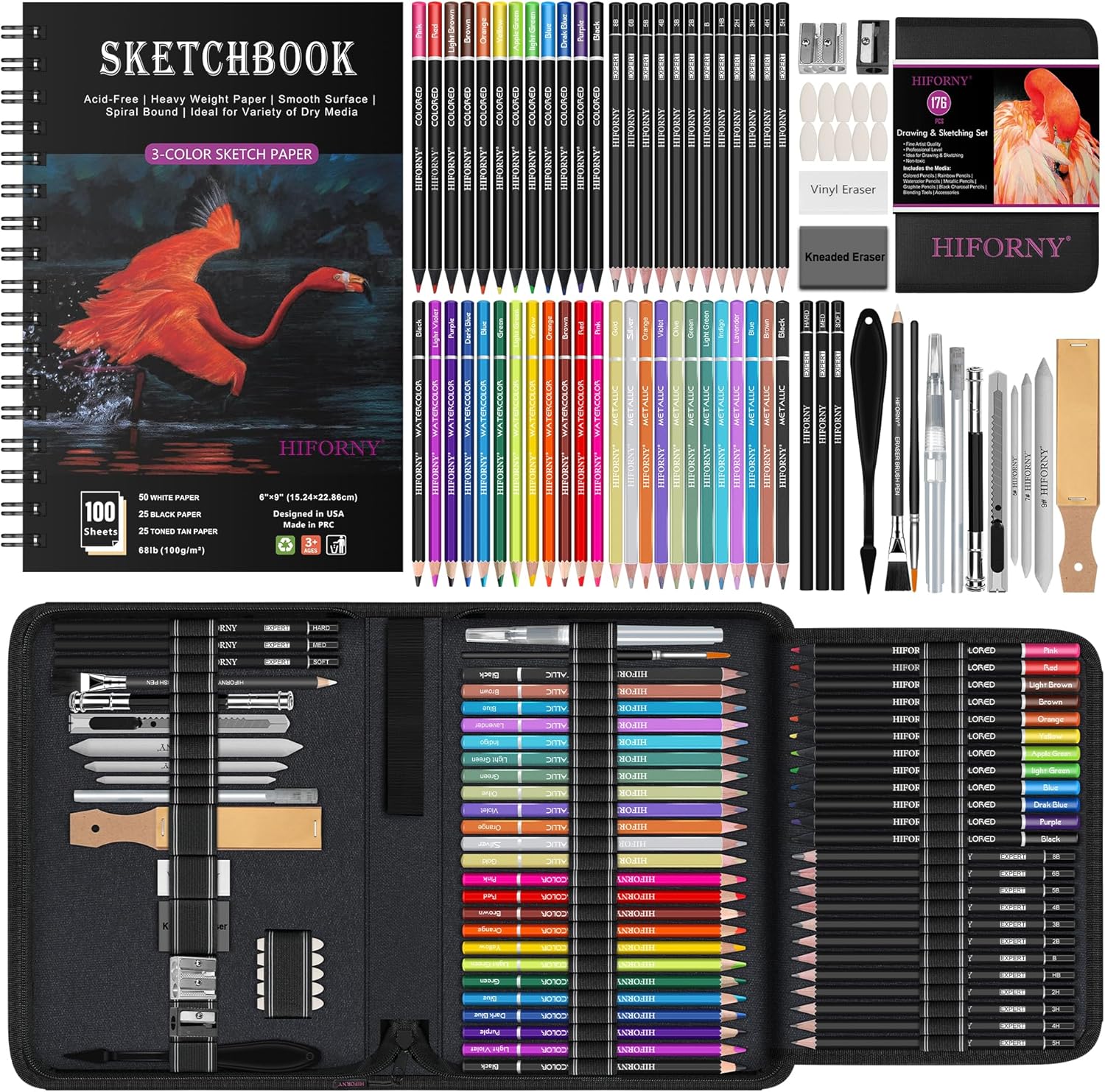 HIFORNY 176 PCS Art Supplies Drawing Set Sketching Kit with 100 Sheets 3-Color Sketchbook,Graphite Colored Charcoal Watercolor & Metallic Pencils,Blending Tools and More, for Beginner Artists