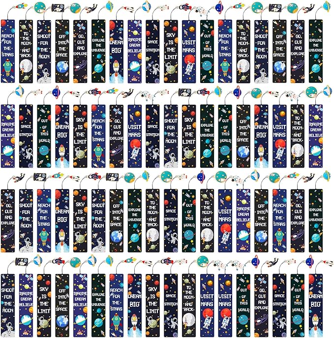 Christmas Space Theme Bookmarks with Metal Charms Planet Rocket Space Ship Theme Bookmarks Inspirational Quotes Bookmarks for Space Christmas Party Favors Gifts Kids Boys Girls Encourage(72 Pieces)