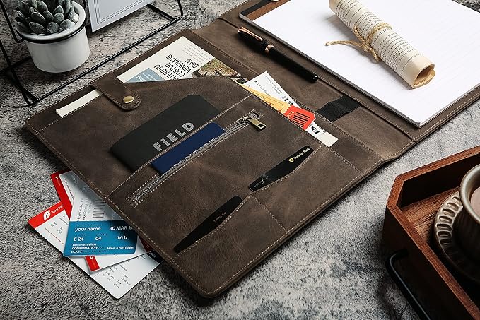 Personalized Leather Portfolio for Men, Engraved Leather Clipboard Portfolio Binder, Custom Leather Legal Pad Padfolio, Christmas Gift for His/Her (Notepad, Grey-Standard)