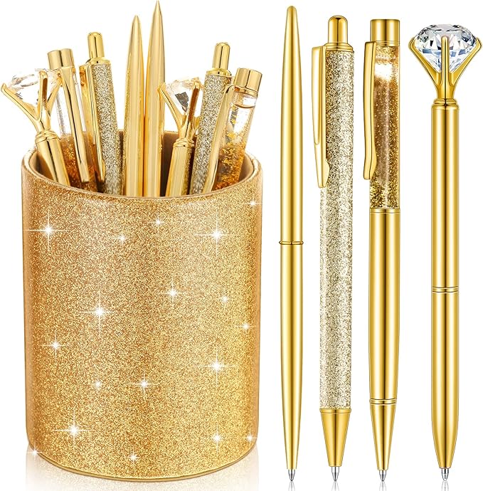 Sabary 8 Pcs Ballpoint Pens with Pen Holder for Desk Glitter Crystal Diamond Fancy Pencil Holder Bling Desk Organizer Cute Stationery Supplies for Women Girls Wedding Office School Gifts(Gold)